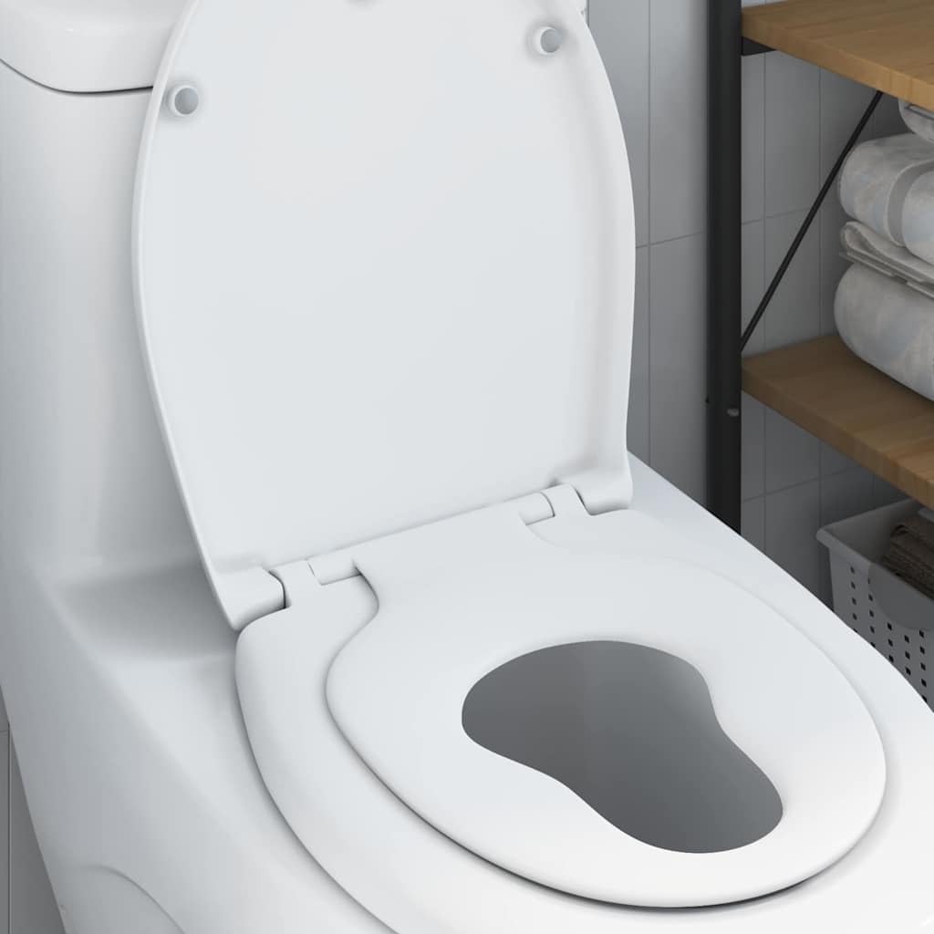 Mangloder - Asiento de inodoro de duroplast blanco de 47 x 37 cm con cierre suave y cierre rápido para cuarto de baño, ovalado con doble tapa para familias, fácil montaje, higiene y sustitución