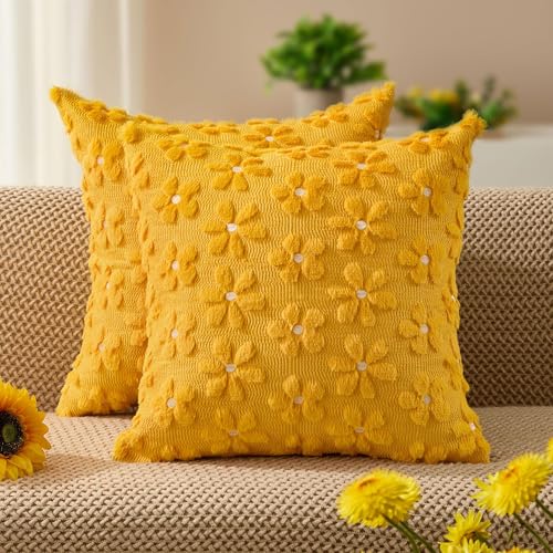 Image of DFXSZ Spring Summer Pillow Covers 16x16 inch Set of 2 Yellow Daisy | Farmhouse Decor Soft Plush Faux Fur Jacquard Throw Pillow Covers|For Spring Holiday Sofa Home Decor