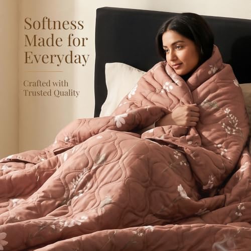 Image of HUESLAND Reversible AC Quilt Blanket Single Bed | 100% Cotton Quilted Shell, Super Soft 120 GSM Microfibre Wadding | Lightweight Comforter for All Weather Use | Floral Fusion - 55 x 88 inches