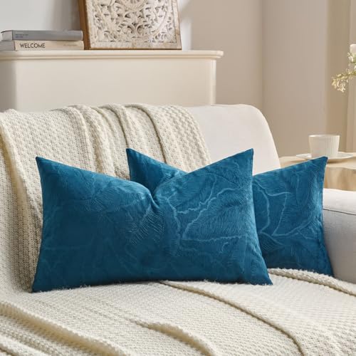Image of FUTEI Pack of 2 Velvet Throw Pillow Covers 12x20 Inch Soft Embossed Leaf-Relief Textured Decorative Lumbar Pillowcases Modern Natural Farmhouse Accent for Couch Bed Living Room, Navy Blue
