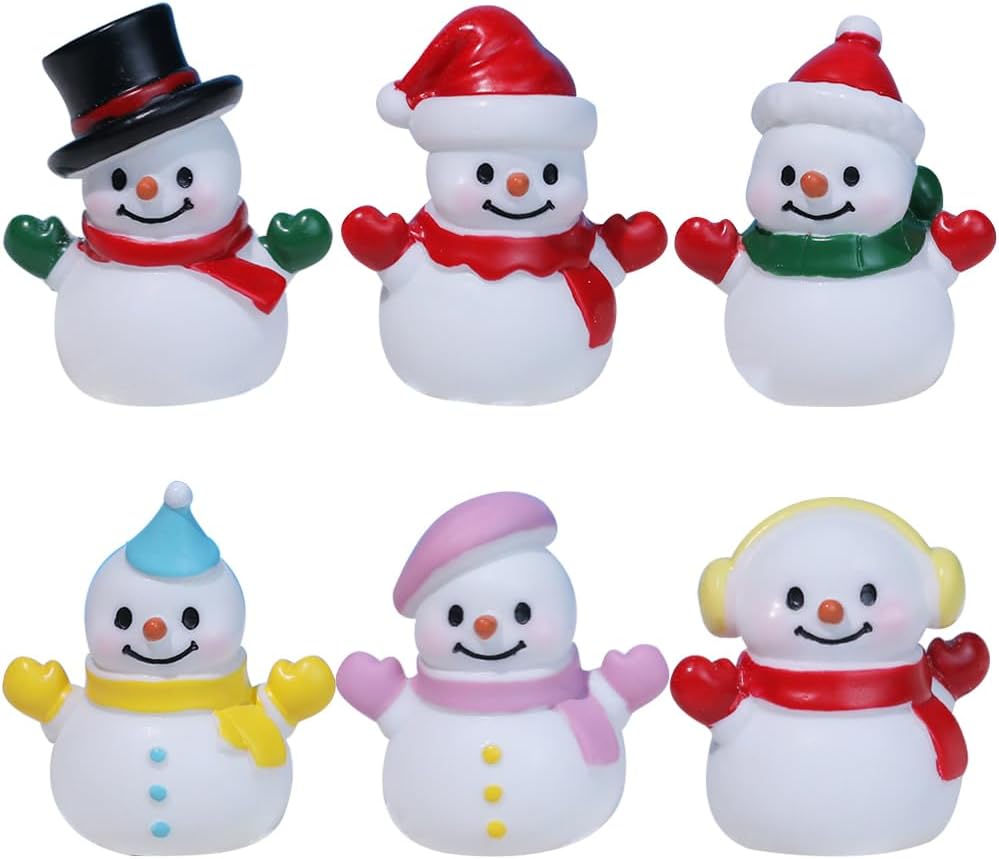 VICASKY 6pcs Miniature Christmas Figurines Mini Snowman Figures for Crafts 6 Assorted Styles Resin Snowmen Micro Landscape Cute Small Snowman Winter Decoration for Christmas Dollhouse Ornament