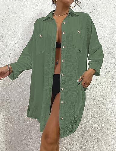 Image of Bsubsach Button Down Swimsuit for Women Sweatshirt Dress with Ruffled Sleeves Beach Shirt