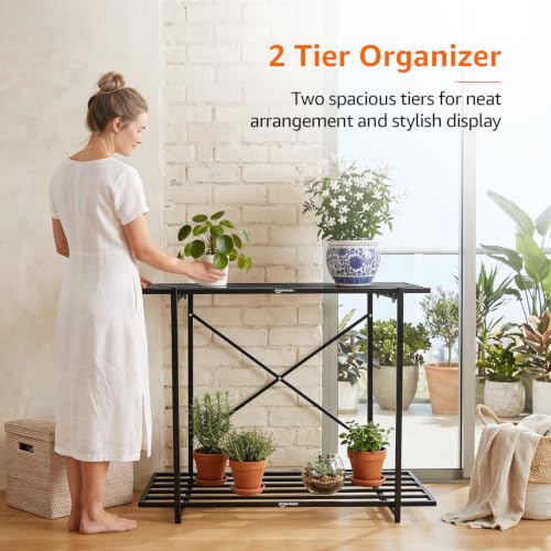 Image of Amazon Basics Heavy Duty 2-Tier Plant Stand | Rust-Resistant Powder Coated Finish | Multipurpose Shelves | Reinforced X-Frame Stability | Indoor & Outdoor Use | Balcony, Garden & Living Room | Black