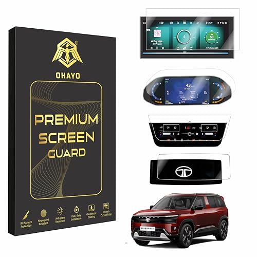 Image of OHAYO 4 Pack Screen Protector for Tata Sierra 2025, 2026 & 2027 | Compatible with Adventure, Pure & Pure+ Variants | 10.25 Inch Infotainment Touchscreen, 7 Inch Instrument Cluster, AC Control Panel & Steering Control Display Protector | Military Strength 9H Hardness, Scratch Resistant, HD Clarity, Bubble Free | Not Tempered Glass
