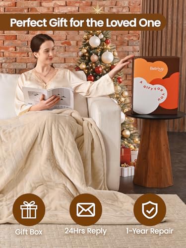 Image of Bearhug Electric Blanket Throw Size, 50 inch x 60 inch Heated Blanket with 6 Heating Levels & 4H Auto Shut-Off, Machine Washable Soft Velvet to Sherpa Reversible Heated Throw for Office, Couch and Sofa Beige