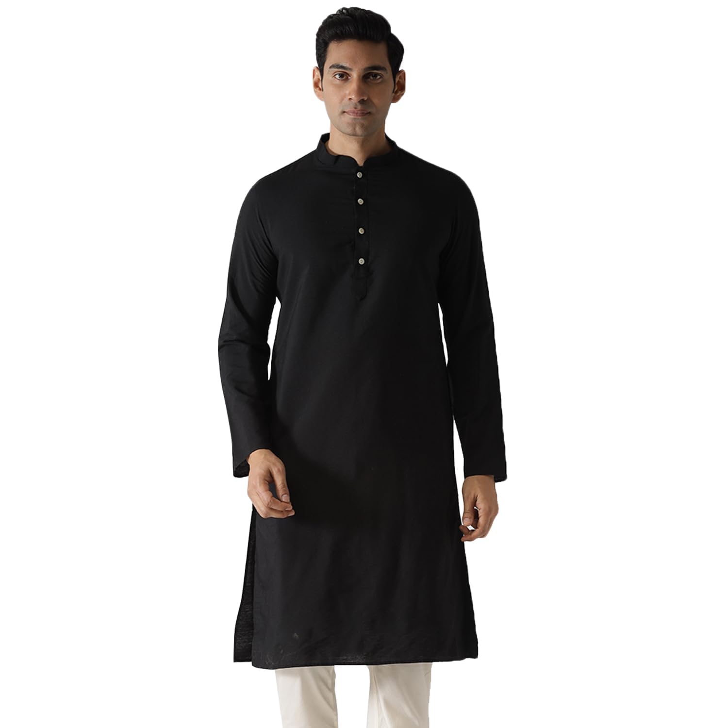 Kisah Men Midnight Black Kurta Full Sleaves, Knee Length, Straight, Regular Fit, Mandarin Collar Ethnic Wear