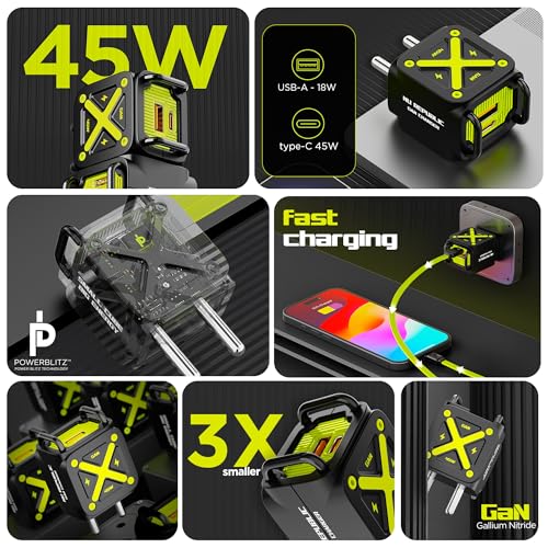 Image of Nu Republic Cybotron Cube 45W GaN Charger, Dual Output Type-C & USB-A, PD PPS Fast Charging, with Cable, for Type c Devices, Black /Yellow