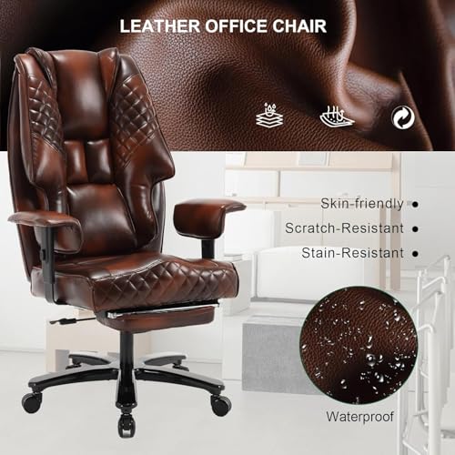 Image of 500LBS Big and Tall Office Chair, Reclining Office Chair with Footrest, Heavy Duty Executive Chair with Adjustable Armrests, PU Leather Extra Wide Seat Ergonomic Computer Desk Chair, Brown