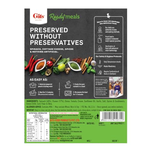 Image of Gits Ready to Eat Palak Paneer, Pure Veg, Heat and Eat Indian Dish, Microwaveable, 855g (Pack of 3 X 285g Each)