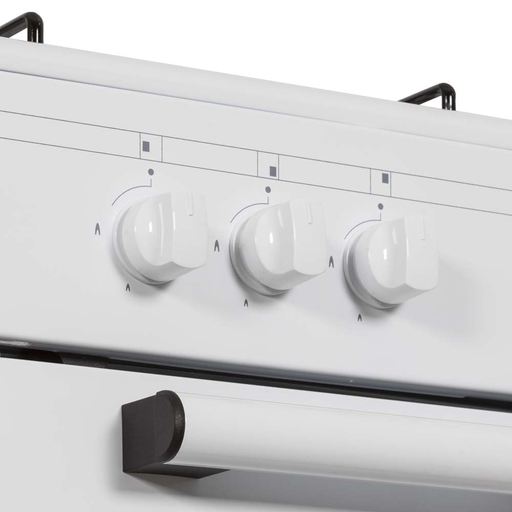 Svan Cocina de Gas Butano Blanco SKG3500PB. 3 Zonas de Cocinado, Quemador WOK triple llama, Compartimento Bombona, Kit Conversión Gas Natural, Acabado en Esmalte Blanco