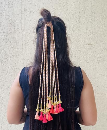 Image of Zippy Flora Handmade Boho Kaner Parandi (Peach) | Traditional Paranda Hair Accessory with Decorative Braid Tassels | Ethnic Hair Extension for Choti & Braided Hairstyles