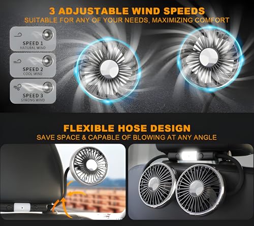 Image of RIGGEAR Car Fan, Back Seat Car USB Fan with Dual Head 3 Speed Adjustable Cooling Air with 360 Flexible Rotation, Independent Switch USB Car Fan for Seat Headrest with Small LED Lamp