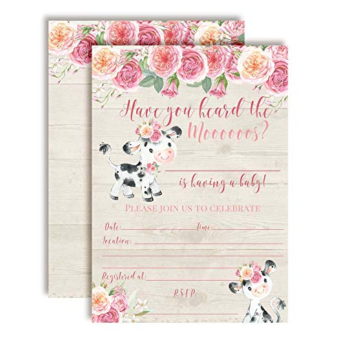Watercolor Pink Floral Cow-Themed Baby Sprinkle Shower Invitations, 20 5"x7" Fill in Cards