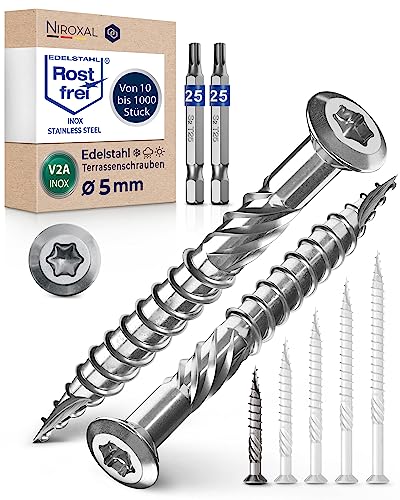 Tornillos para terraza 5x40 de acero inoxidable A2 con cabeza lenticular muesca de corte y aletas peladoras para madera, 1000 unidades, tornillos Torx 40mm de largo + 2 puntas Torx hexagonales