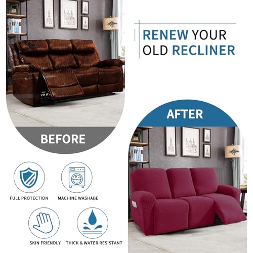 Image of 2026 Sofa Recliner Cover 5-Piece (69 inch-91 inch) Super Soft Recliner Couch Covers with Big Pocket & Anti Slip Ties Stay in Place, Stretch Lazy Boy Reclining Couch Sofa Slipcover Durable Washable, Wine Red
