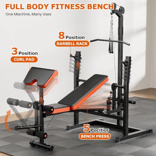 Image of Fostoy Olympic Weight Bench with Lat Pulldown, Squat Rack & Leg Curl