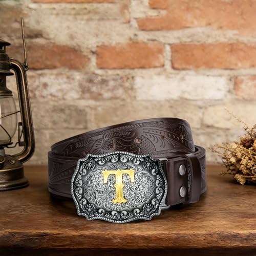 Image of Mens Western Cowboy Cowgirl Faux Leather Belt Longhorn Bull Pattern Letter Big Buckle Embossed Floral Belts