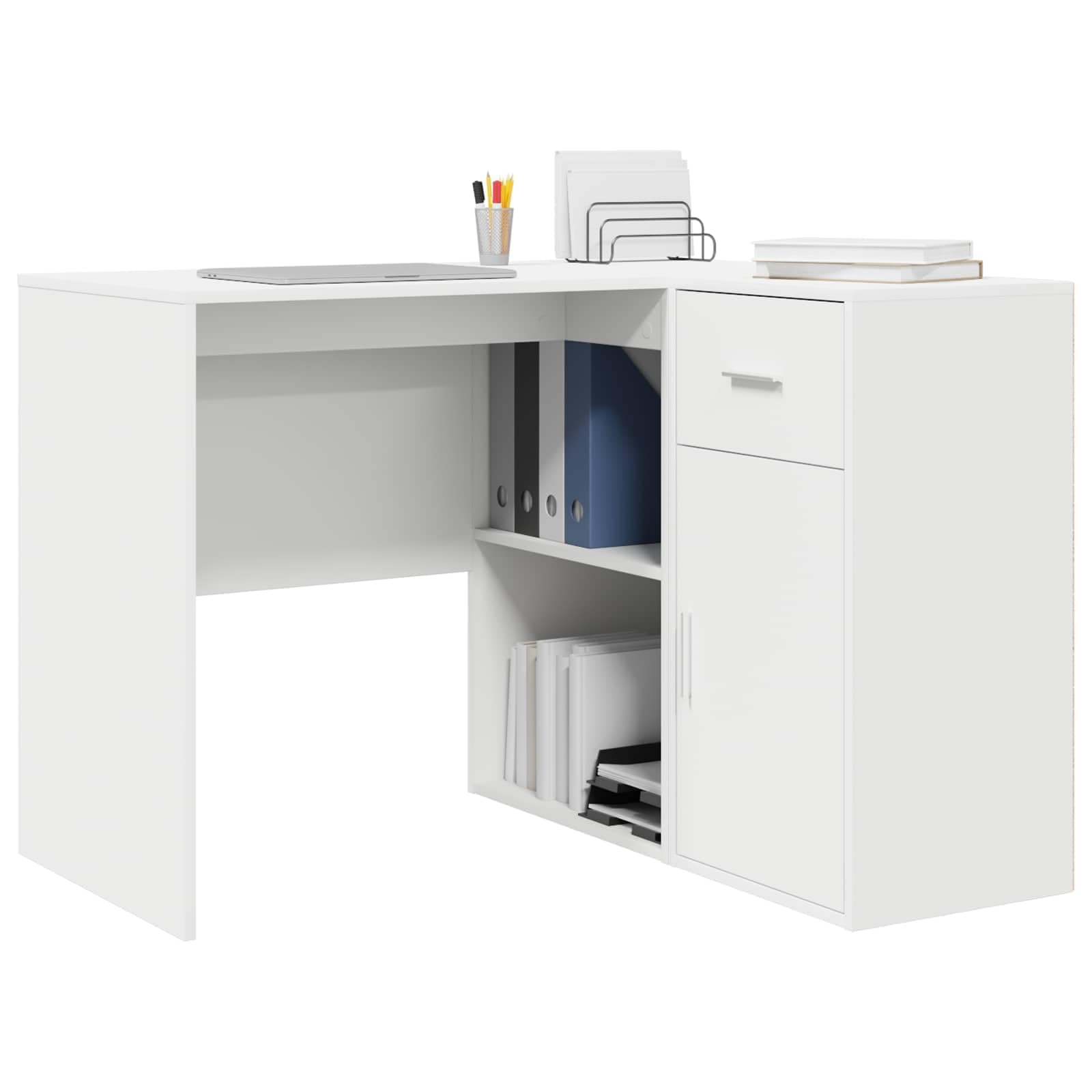 Scrivania ad angolo in legno ingegnerizzato bianco con cassetto e ripiano 102 x 88 x 75 cm per ufficio casa smartworking postazione lavoro studio gaming