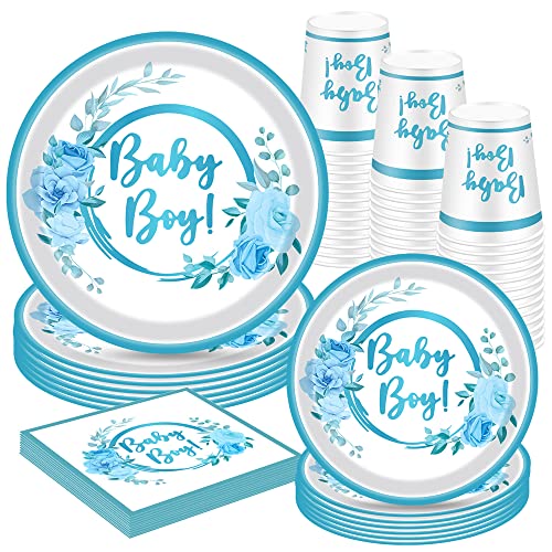 mciskin Baby Shower Plates and Napkins Baby Boy Decorations 16 Pack Baby Blue Floral Paper Plates, Napkins, Paper Cups for Baby Boy Gender Reveal Baby Shower Party Supplies.