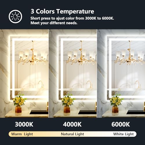 Image of 44x32 Inch LED Bathroom Mirror with Lights Front and Backlit Lighted Vanity Mirror for Bathroom Wall with 3 Colors Dimmable Anti-Fog Memory Shatter-Proof IP54 Waterproof Horizontal /Vertical
