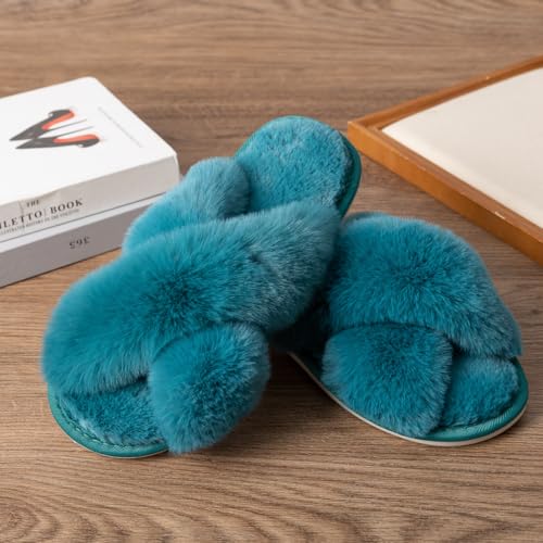 Image of Women's Cross Band Fuzzy Slippers Fluffy Open Toe House Slippers