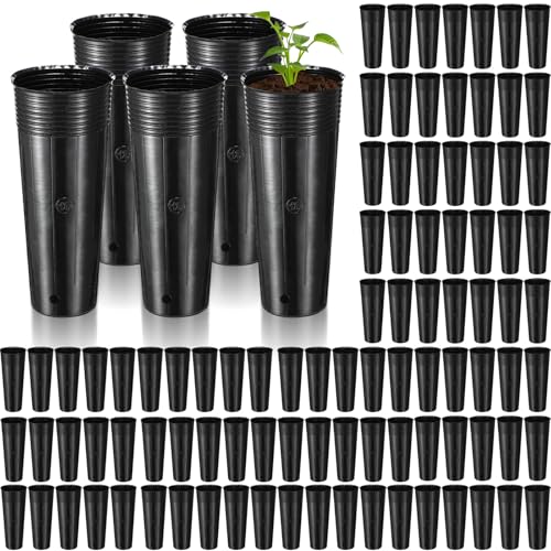 Ferrochef 100 Pack Tall Tree Pot 11.8'' x 4.7'', Black Plastic Deep Nursery Pots, Soft Deep Seedling Pots for Seed Starting, Plant Starter Cups with Drainage Holes for Flowers, Cutting & Transplanting