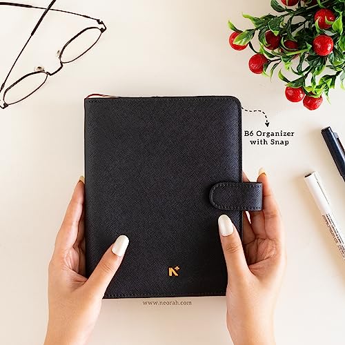 Image of NEORAH - B6 Notebook SLEEVE with SNAP Button - [ SLEEVE ONLY ]|Vegan Leather|Office Diary Holder with Penloop| 2 Front & 1 Back Pocket | 6 Card Slots |2 BookMarks - Fits any B6 Softcover - BLACK