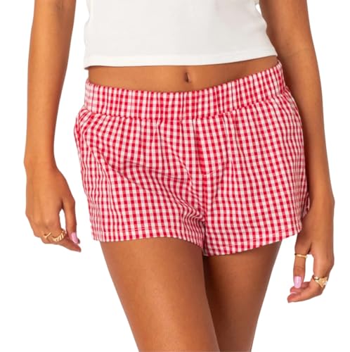 Image of Y2k Plaid Shorts Cute Baggy Ginghem Boxer Shorts for Women Checked Lounge Pajama Bottom Preppy Sleep Pj Shorts