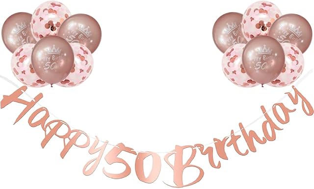 Happy 50th Birthday Banners Rose Gold Women 50th Birthday Banner Bunting Personalized Including 12 Pack 12 Latex Printed Balloons Women 50 Birthday Decorations Supplies