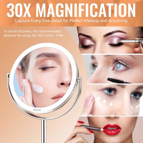 Image of Auxmir 30X Magnifying Mirror with Tweezers, 6.8 Inch Double Sided 30X /1X Magnifying Makeup Mirror with Stand, 360 Rotation Bathroom Vanity Mirrors for Bathroom, Dressing Table, Desktop, Bedroom