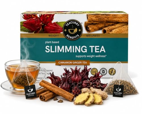 Image of TEACURRY Slimming Tea for Weight Management & Belly Fat Reduction | Green Tea with Ginger, Cinnamon, Tulsi & Fennel | Metabolism & Digestive Support | Herbal Detox Tea | 30 Tea Bags (1 Month Pack)