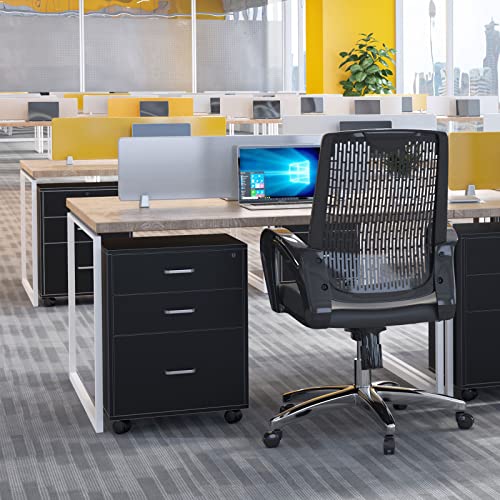 DlandHome - Cajonera de escritorio móvil con 3 cajones, almacenamiento de carpetas de ruleta, archivador y armario con cerradura para casa, oficina, madera, color negro - imagen 2
