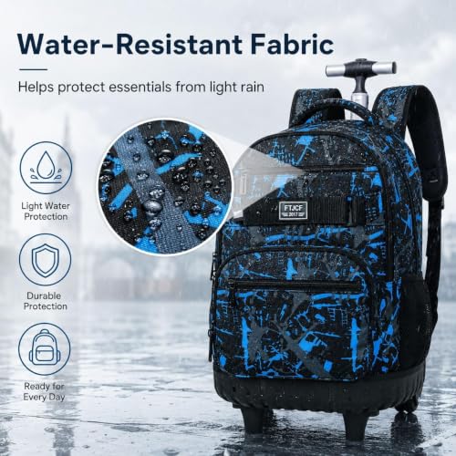 Image of 3Pcs Rolling Backpack for Boys Men, Travel Roller Backpacks with Wheels for Adults, Teens College Graffiti Wheeled Bookbag with Lunch Box(Blue)