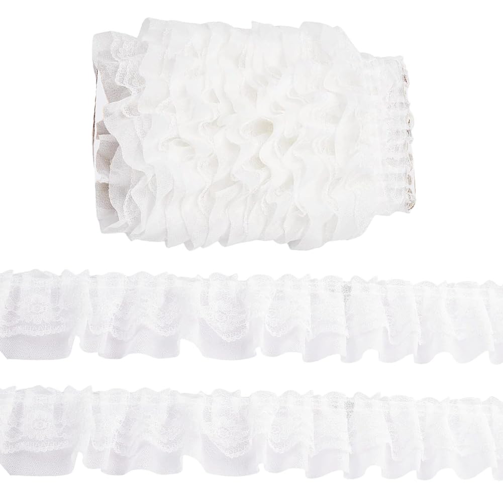 GORGECRAFT 5m*50mm Double Layer Chiffon Lace Edge Trim White Pleated Ribbon Gathered Organza Tulle Fabric Ruffles Lace Edging Trimmings for Sewing Craft Wedding Dress Party Decor