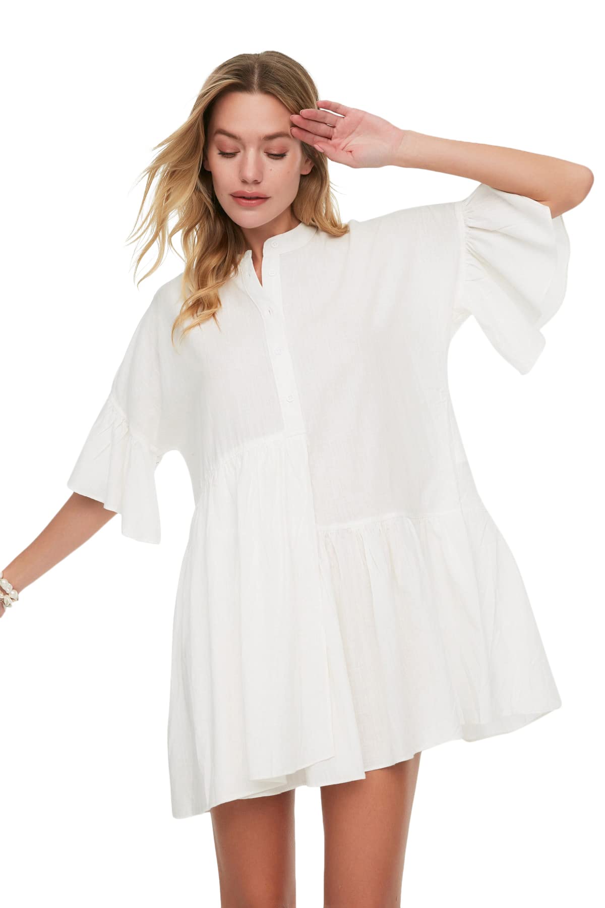 TRENDYOL Women's Asymmetric Fristered Beach Dress