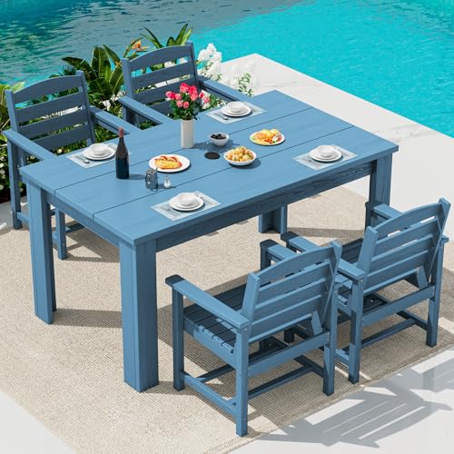 Image of SERWALL 59 inch HDPE Outdoor Dining Set for 4, w / 1 Table & 4 Armchairs, Blue