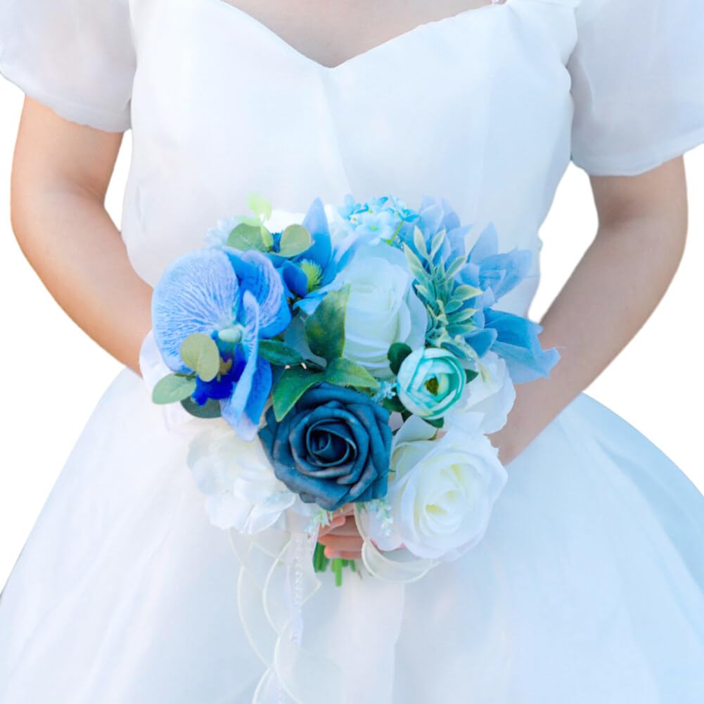 Wedding Bouquet Bride Flower Bridal Bouquets, Ribbon Artificial Flower Dusty Blue Rose White Flower Wedding Bouquets for Bride Bridesmaid Bouquet Faux Bouquet Bride Bridesmaid Holding Flower