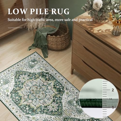 Deerly Green Vintage Runner Rug 2x6 Hallway Runners Boho Non-Slip Entryway Throw Rug Faux Wool Non-Slip Washable Low-Pile Floor Carpet for Indoor Front Entrance Kitchen Bathroom, Green/Multi