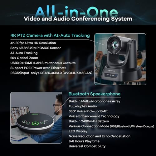 Image of TONGVEO 4K AI Auto Tracking PTZ Conference Camera System with Bluetooth Speakerphone & Microphone, 20X Optical Zoom, USB3.0 HDMI LAN PoE Power Camera for Church Worship, Meetings, Streaming