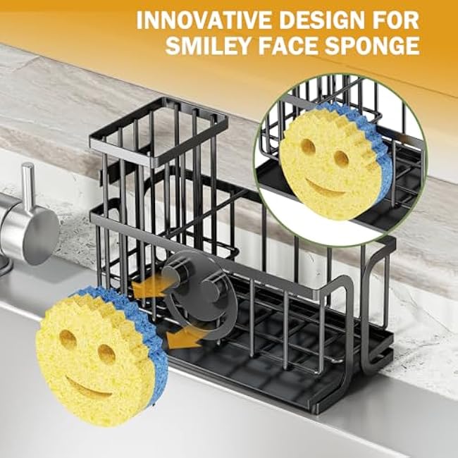 Epicano Sink Caddy Sponge Holder, Smiley Face Sponge Rack with High Brush Holder,Rustproof Kitchen Countertop Organizer,Kitchen Gadgets Sink Accessories, 7.6 x 6.3 x 4.1, Black