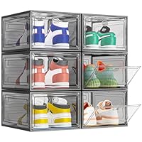 TidyTrove Schuhboxen stapelbar, 6 Stück Schuhboxen aus klarem Kunststoff, faltbar und stapelbar Schuhorganisatoren mit Magnettür für Größe 46, Schwarz