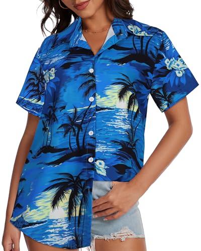 Image of Women Hawaiian Shirt Button Down Summer Tops Beach Short Sleeve Blouse