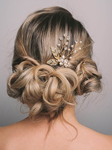 SWEETV Gold Wedding Hairpins Pearl Hair Pins Clip Bridal Jewelry Rhinestone Head Pieces for Women