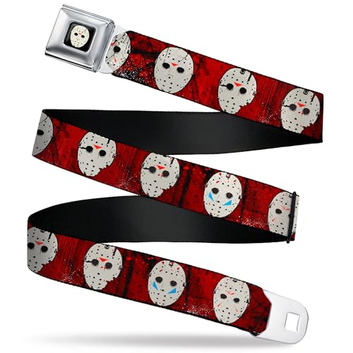 Warner Bros. Horror Movies Belt, Seatbelt Buckle Belt, Friday the 13th Hockey Mask Icons Reds, Youth 20 to 36 Inches