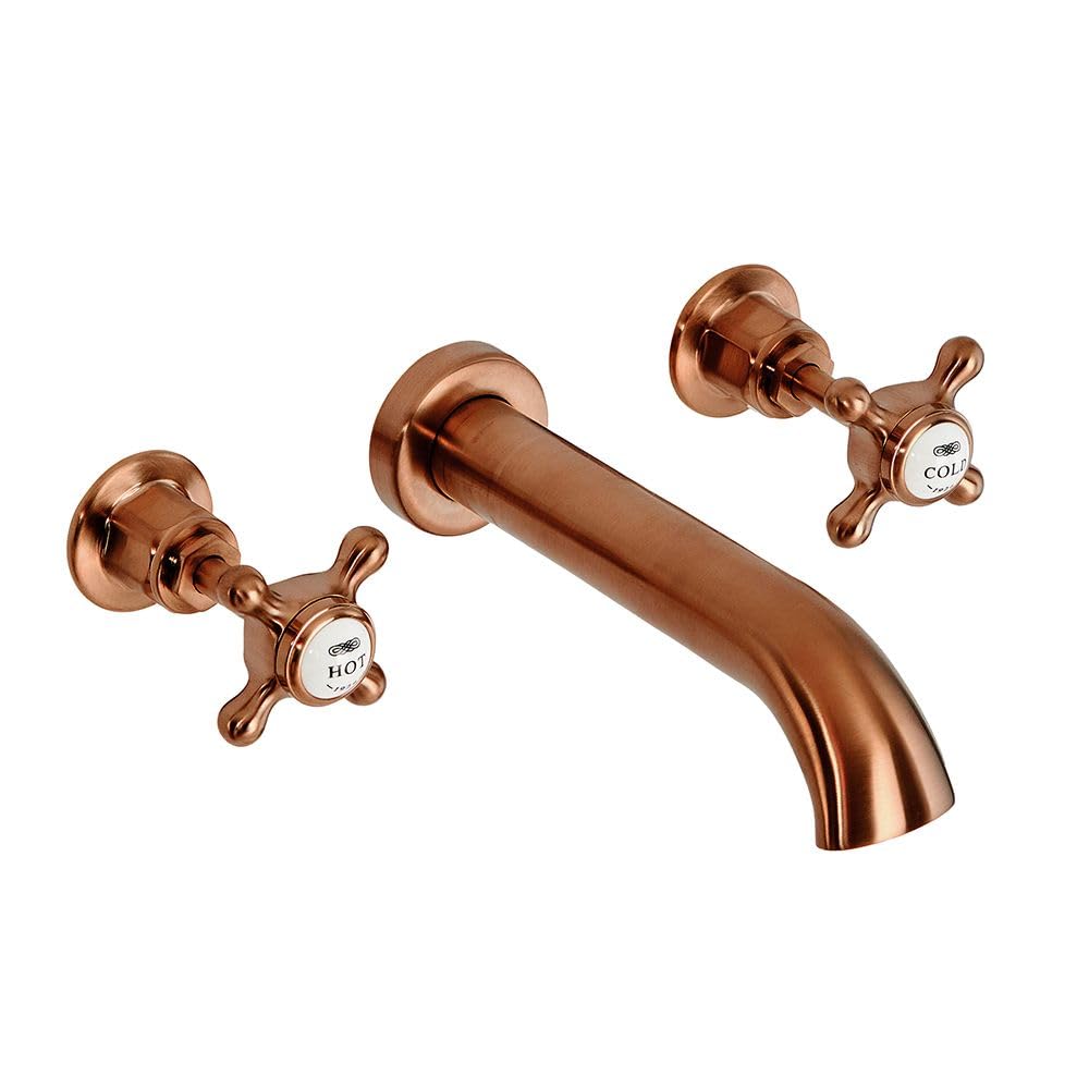 Milano Brushed Copper Elizabeth Wall Mounted 3 Tap-Hole Basin Mixer Tap Crosshead Handle - Copper