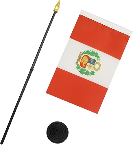 Miniatura 3 de Bandera de la bandera del Perú de la bandera de AZ 4 x 6 pulgadas - Bandera peruana de escritorio 5.9 x 3.9 in - Top de lanza dorada