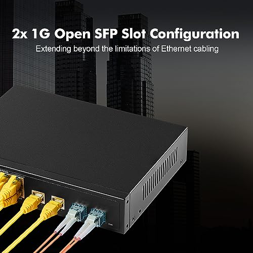 Image of 12 Port Gigabit PoE Switch, 8 Ggiabit PoE+, 2 GE Uplink, 2 Gigabit SFP Slot, IEEE802.3af /at Max 120W, Fanless Unmanaged Plug&Play Desktop Rackmount YuLinca Ethernet Switch
