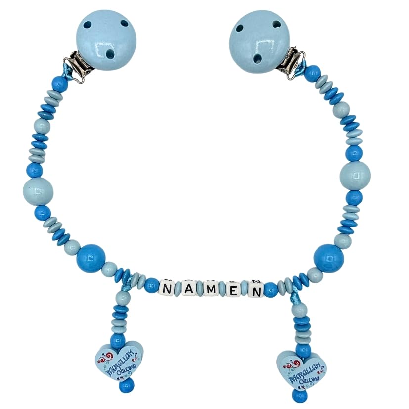 Set Nuckelkette + Kinderwagenkette mit Namen " M;ASALLAH OGLUMA " Babyblau Skyblau/Baby/Unisex/Personalisiert/HANDMADE