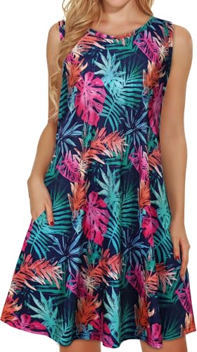 Image of elescat Women's Summer Dresses 2026 Beach Casual Sleeveless Floral Print Tank Loose Sundress with Pocket