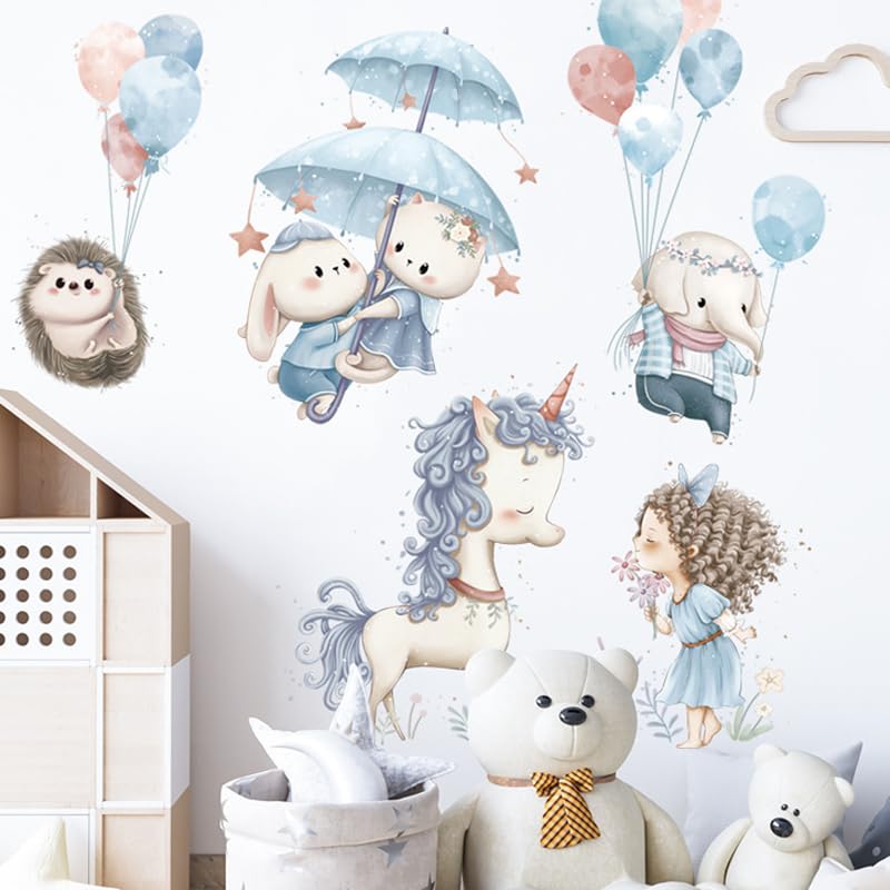 Image of Adorable Wall Sticker of Unicorn Princess Animals and Balloons Kids and Baby Room Decoration Wall Decals Decorative Wall Decor